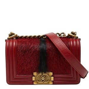 CHANEL Coco Mark Boy Chanel Chain Shoulder Bag 86427 Red Leather Rabbit Fur W...